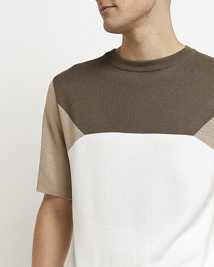 Khaki Slim fit knitted colour block t-shirt