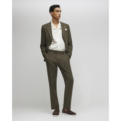 Khaki Slim Fit Linen Blend Suit Trousers
