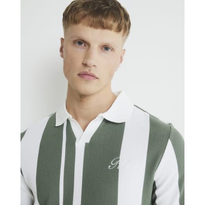 Khaki Slim Fit Open Neck Stripe Polo Shirt