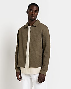 Khaki slim fit quilted zip up shacket
