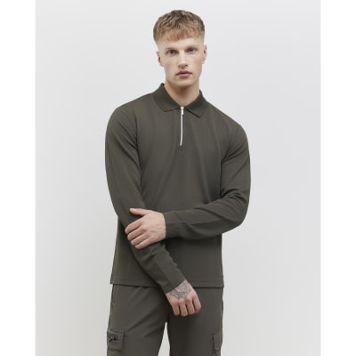 Khaki Slim Fit Textured Zip Neck Polo Shirt