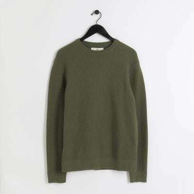 Khaki slim fit waffle texture jumper | River Island