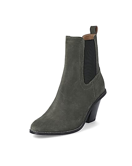360 degree animation of product Khaki suede western heeled boots frame-0