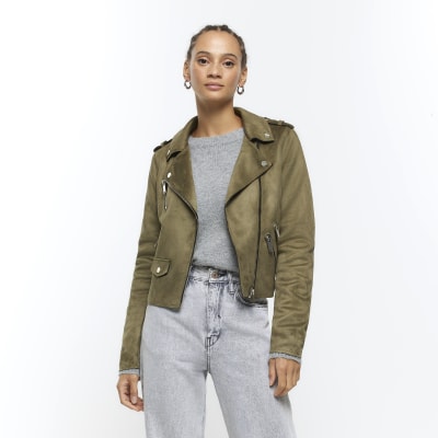 Khaki suedette crop biker jacket River Island