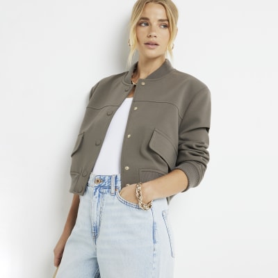 Khaki Tailored Crop Bomber Jacket River Island