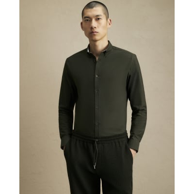 Khaki Textured Muscle Fit Long Sleeve Shirt