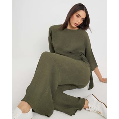 Khaki Textured Wide Leg Trousers