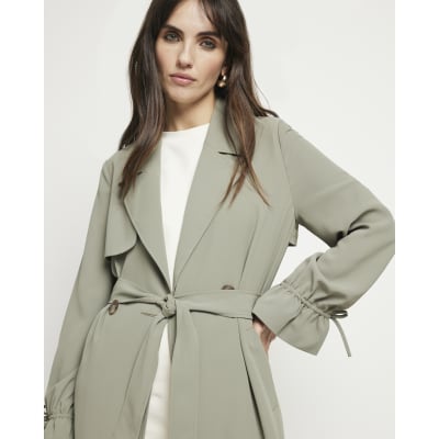 Khaki tie cuff belted duster coat River Island