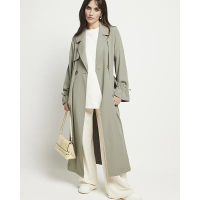 Khaki tie cuff belted duster coat