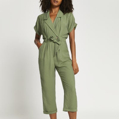Khaki tie front utility jumpsuit River Island