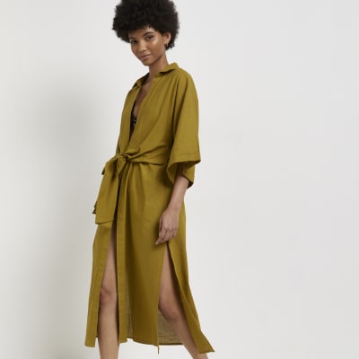 Khaki tie waist cover up kimono | River Island