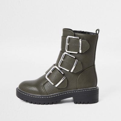 Khaki triple buckle high boots