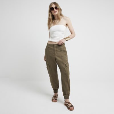 Khaki cuffed trousers on sale womens