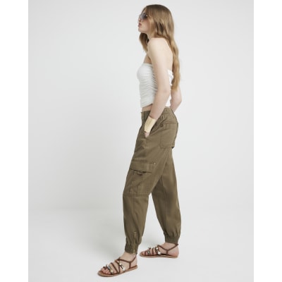 Khaki twill cuffed cargo trousers River Island