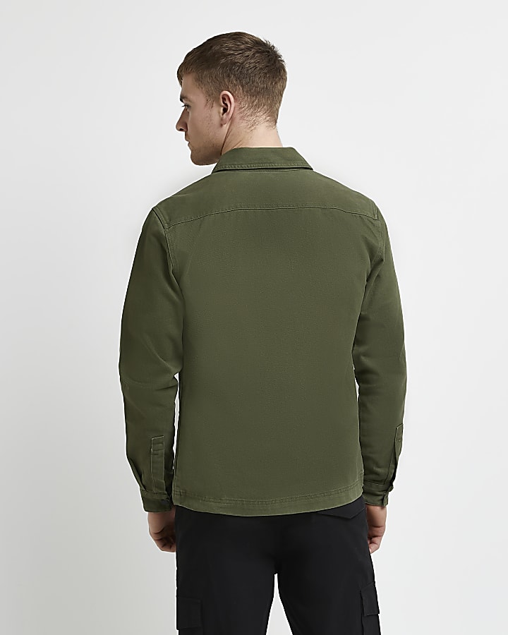 Khaki twill regular fit zip front Overshirt