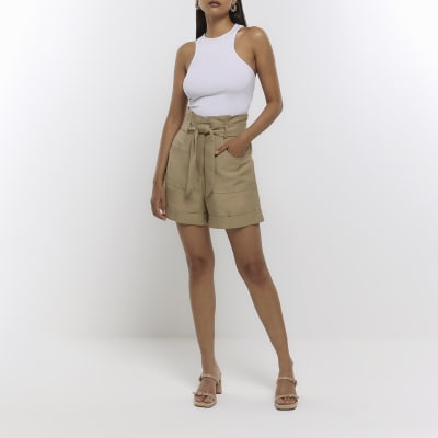 Khaki tie waist store shorts