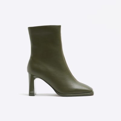 Khaki Two Tone Square Toe Heeled Ankle Boots | River Island