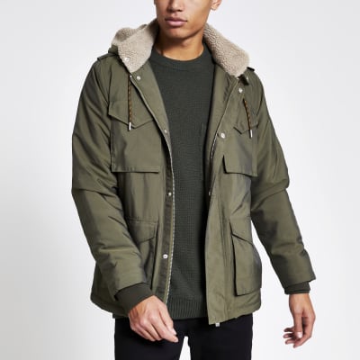 Khaki Utility Borg Lined Parka River Island