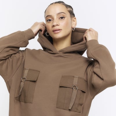 Khaki utility hooded sweatshirt mini dress River Island