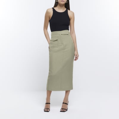 Khaki Utility midi Pencil skirt River Island