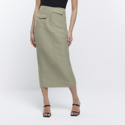 Khaki Utility midi Pencil skirt River Island