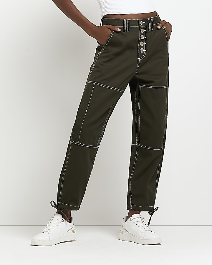 Khaki utility straight leg trousers