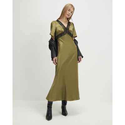 Khaki V Neck Lace Slip Dress