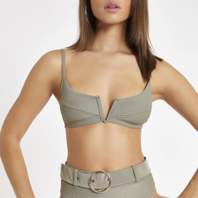 Khaki V wired plunge cami bikini top