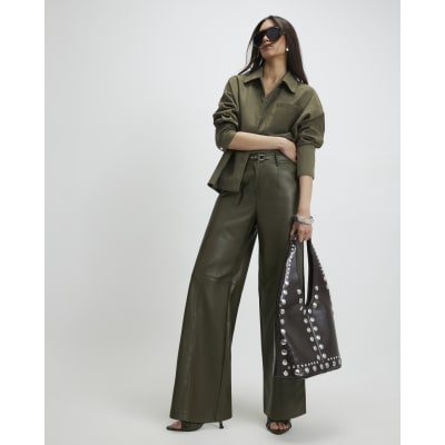 Khaki Wide Leg Buckle Faux Leather Trousers