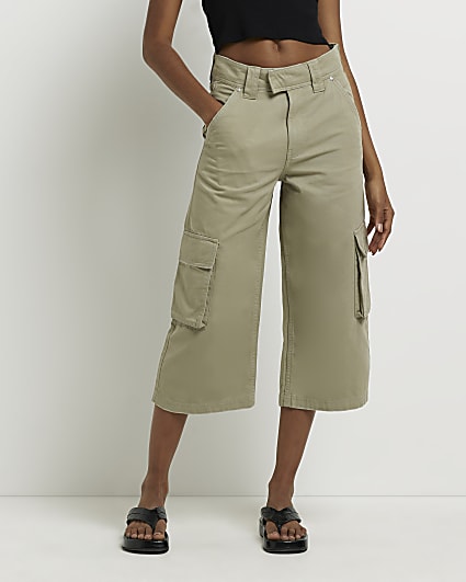 Khaki wide leg crop utility trousers