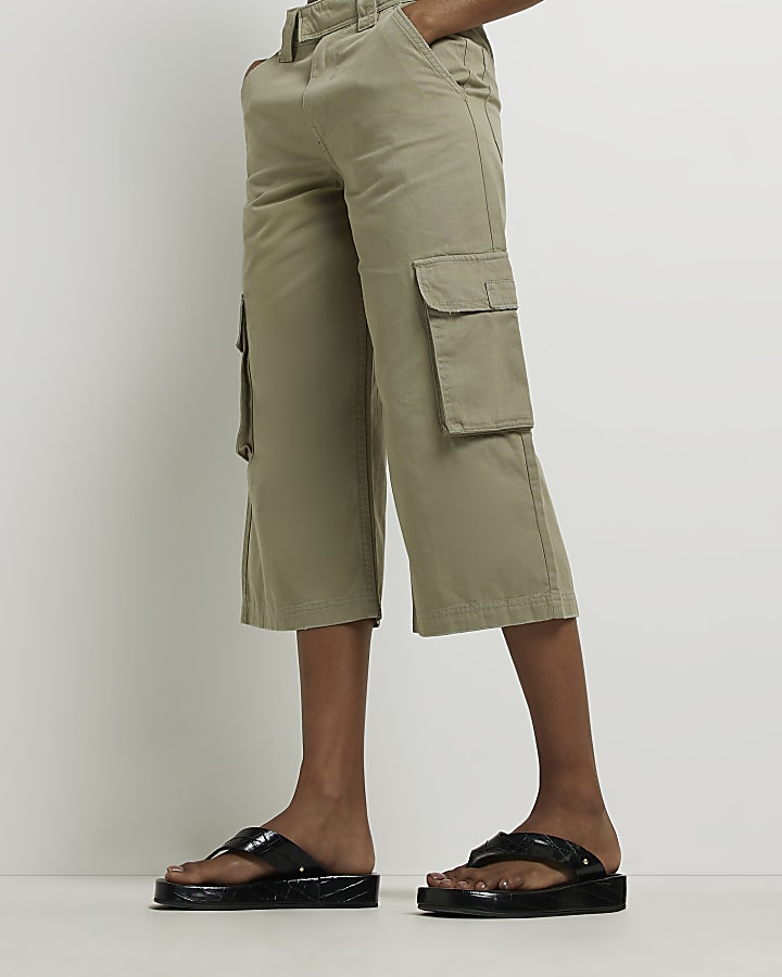 Khaki wide leg cropped cargo trousers