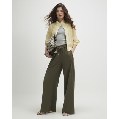 Khaki Wide Leg Drawstring Tailored Joggers