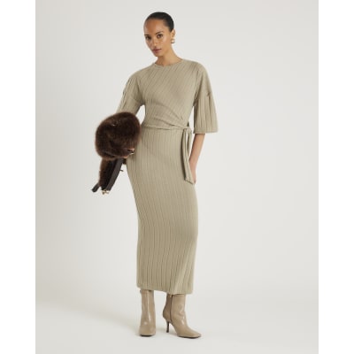 Khaki Wide Rib Cosy Midi Dress
