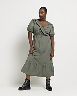 Khaki Wrap Midi Dress