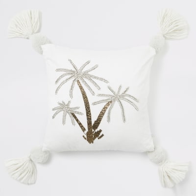 Large beige palm tree embroidered cushion