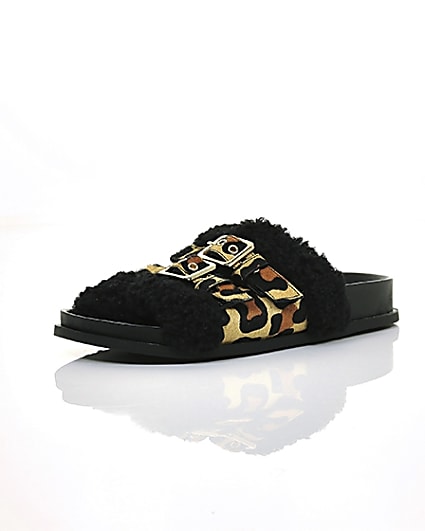 360 degree animation of product Leopard print buckle shearling sliders frame-0