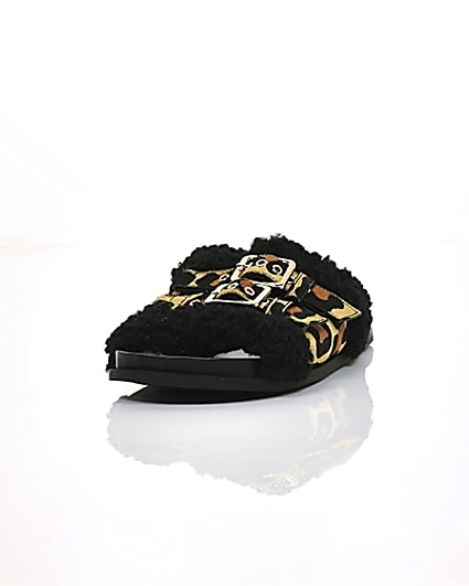 360 degree animation of product Leopard print buckle shearling sliders frame-2
