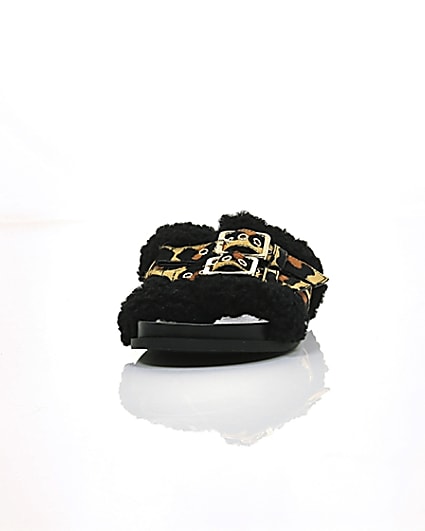 360 degree animation of product Leopard print buckle shearling sliders frame-3