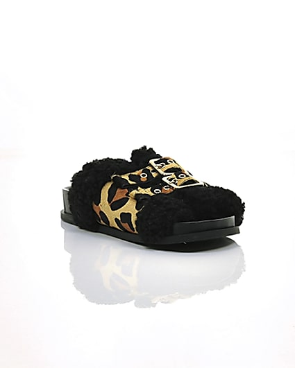 360 degree animation of product Leopard print buckle shearling sliders frame-6