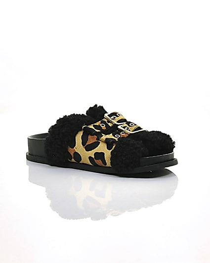 360 degree animation of product Leopard print buckle shearling sliders frame-7