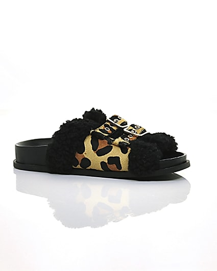 360 degree animation of product Leopard print buckle shearling sliders frame-8
