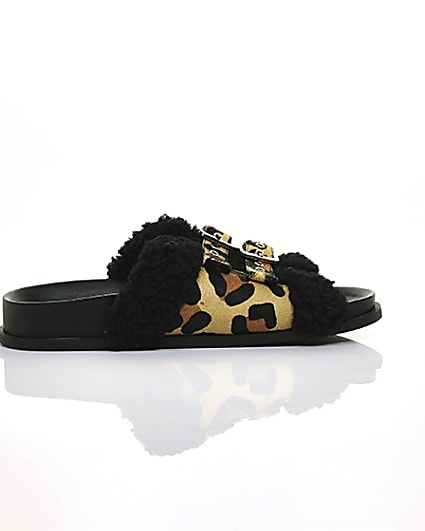 360 degree animation of product Leopard print buckle shearling sliders frame-10