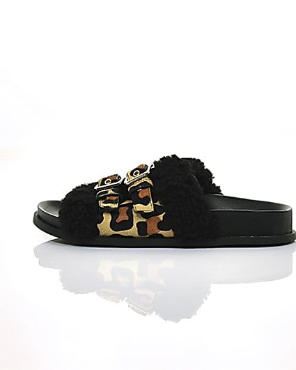 360 degree animation of product Leopard print buckle shearling sliders frame-21