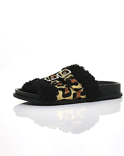 360 degree animation of product Leopard print buckle shearling sliders frame-23