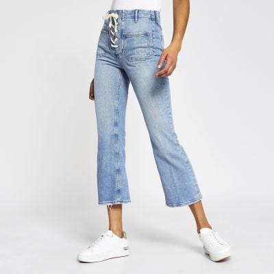 Light Blue cropped flare high rise jeans | River Island