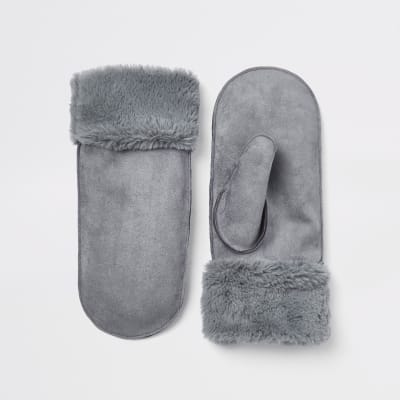 Light blue faux fur lined shearling mittens