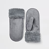Light blue faux fur lined shearling mittens