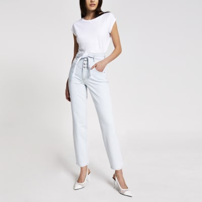 Light blue high rise belted tapered jeans
