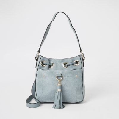 Light blue leather tassel mini duffle bag | River Island
