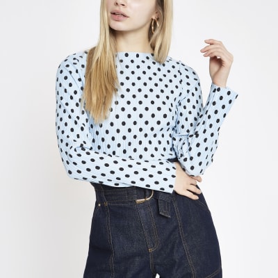 Light blue polka dot print high neck top